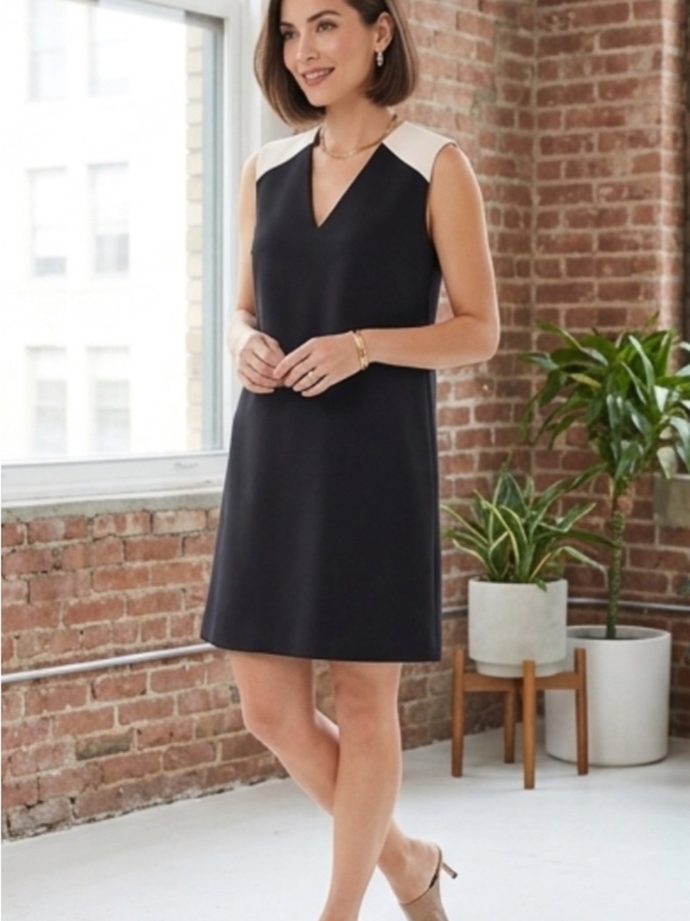 NWT C. Wonder Black Dress Ecru Cream Colorblock V-Neck Shift Dress Sz 10